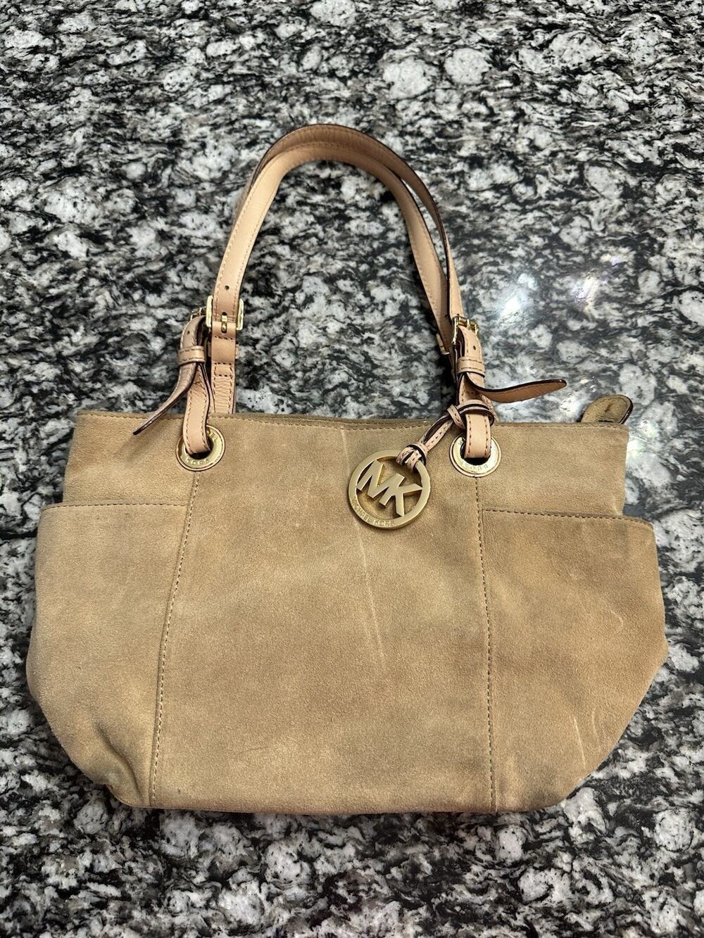 Michael Kors Jet Set Camel Tan Suede Leather Shoulder Tote Bag Womens Logo Charm
